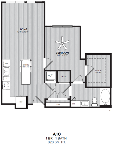 A floor plan for a 1 bedroom apartment with a living room, dining room, kitchen, bathroom, and bedroom.
